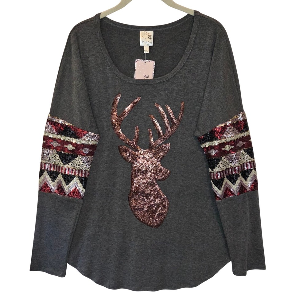 Pink Owl Women's Sequin Reindeer Tunic Top Gray Long Sleeve Holiday Christmas